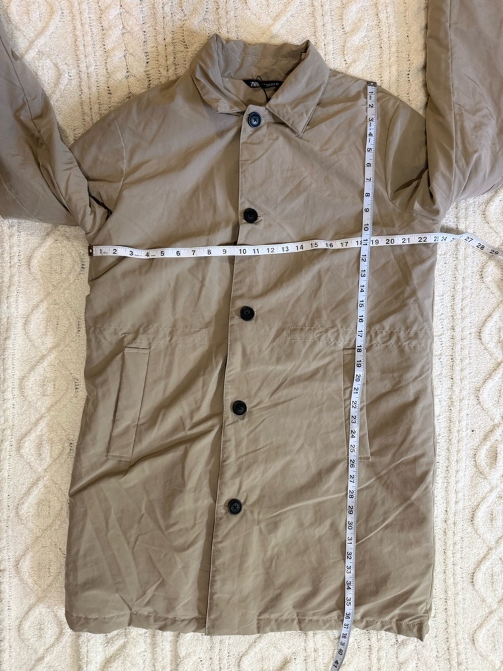 Zara Men’s Padded Trench Coat Beige Medium Zip Button Overcoat Jacket NWT - Picture 12 of 15